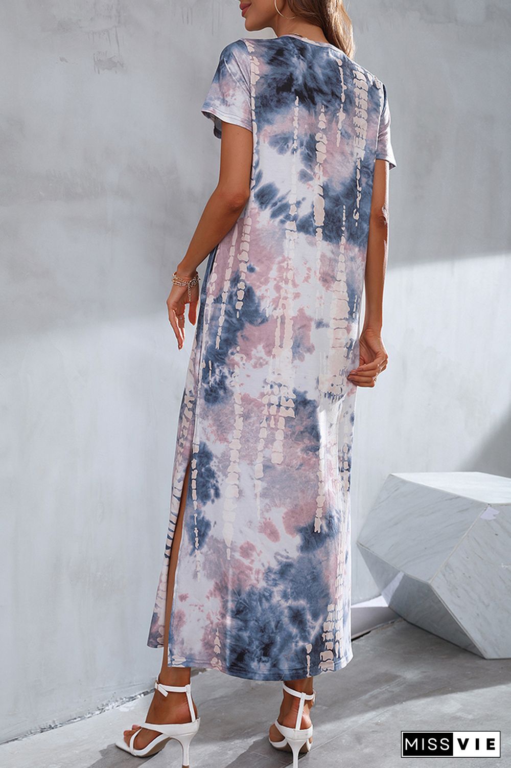 Tie Dyed Short Sleeve High Split Dress Wholesale