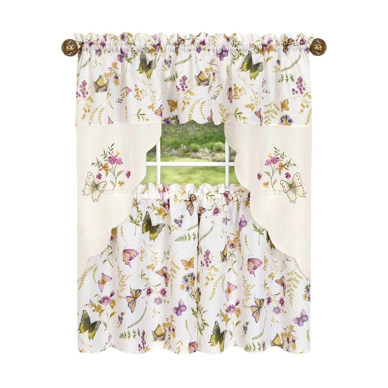 Floral Butterflies Lilac & Lavender 3 Pc Kitchen Curtain Set - 36 in. Long