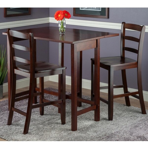 Wood Lynnwood 3-Pc Set， Drop Leaf Table and 2 Ladder Back Counter Stools， Walnut Finish