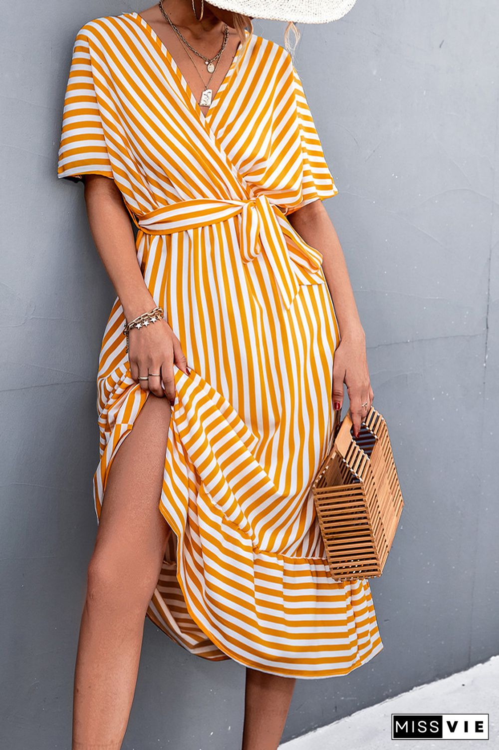 Stripe Print V-neck Short Sleeve Tie Waist Long Dress Wholesale