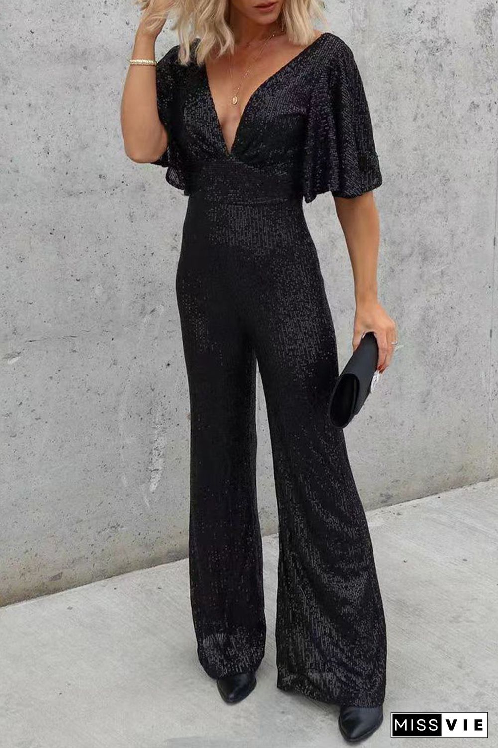 Casual Simplicity Solid Sequins V Neck Regular Jumpsuits