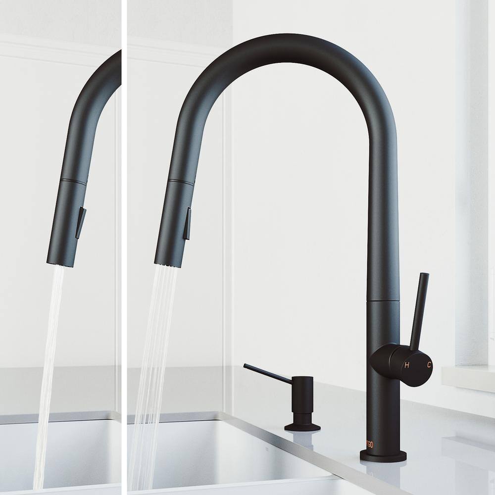 VIGO Greenwich Single Handle Pull-Down Sprayer Kitchen Faucet Set with Soap Dispenser in Matte Black VG02029MBK5