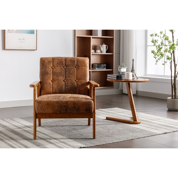 Modern PU Leather Button Lounge Chairs Solid Wood Armrest Accent Chairs， Brown