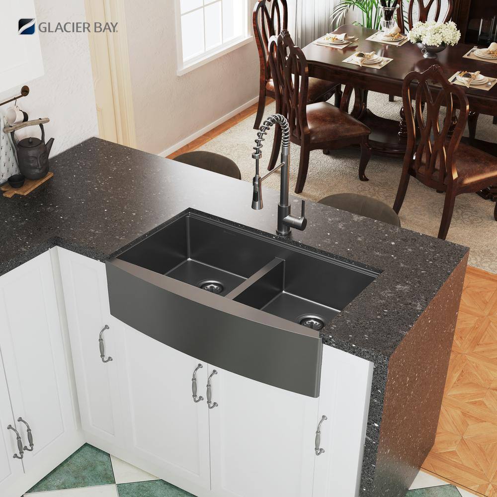 Glacier Bay Gunmetal Black Stainless Steel 36 in. 18-Gauge Double Bowl Farmhouse Workstation Kitchen Sink ACS3622A2Q-W