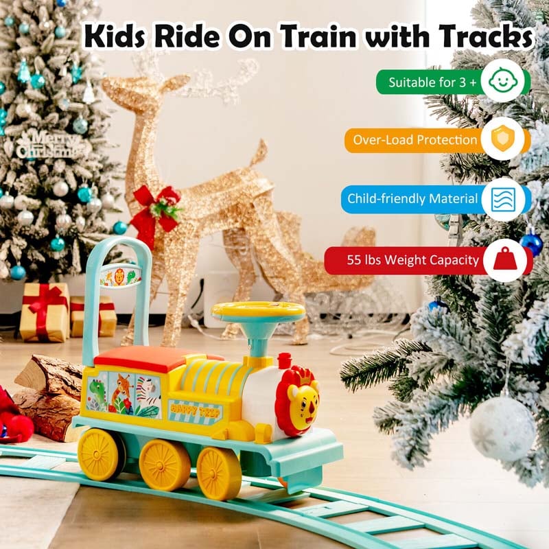 6V Kids Ride on Train with Tracks & 6 Wheels, Battery Powered Electric Ride On Toy with Lights & Music