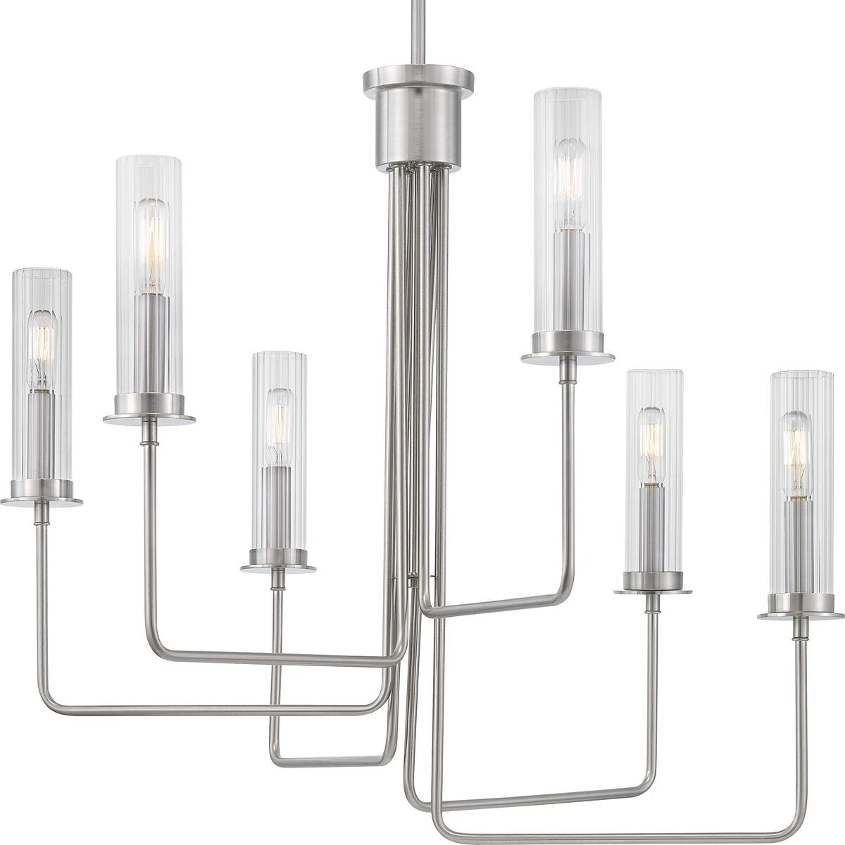 Rainey Collection 6-Light Brushed Nickel Clear Fluted Ribbed Glass Modern Chandelier Light - N/A