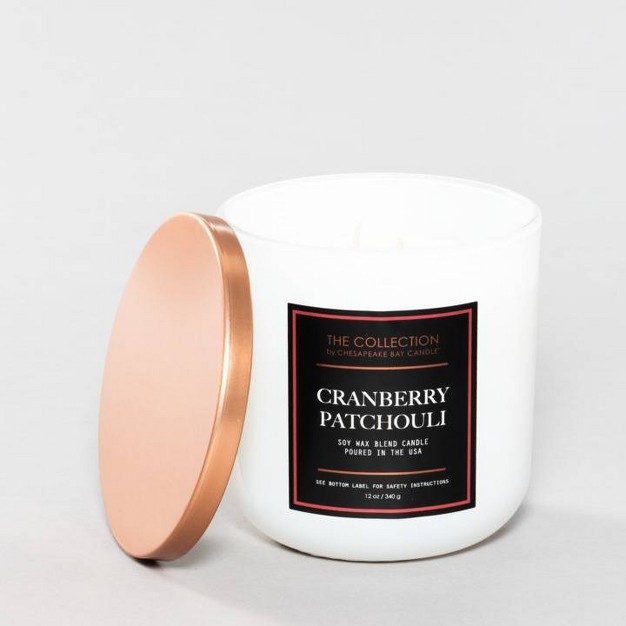 2 wick White Glass Cranberry Patchouli Lidded Jar Candle 12oz The Collection By Chesapeake Bay Candle