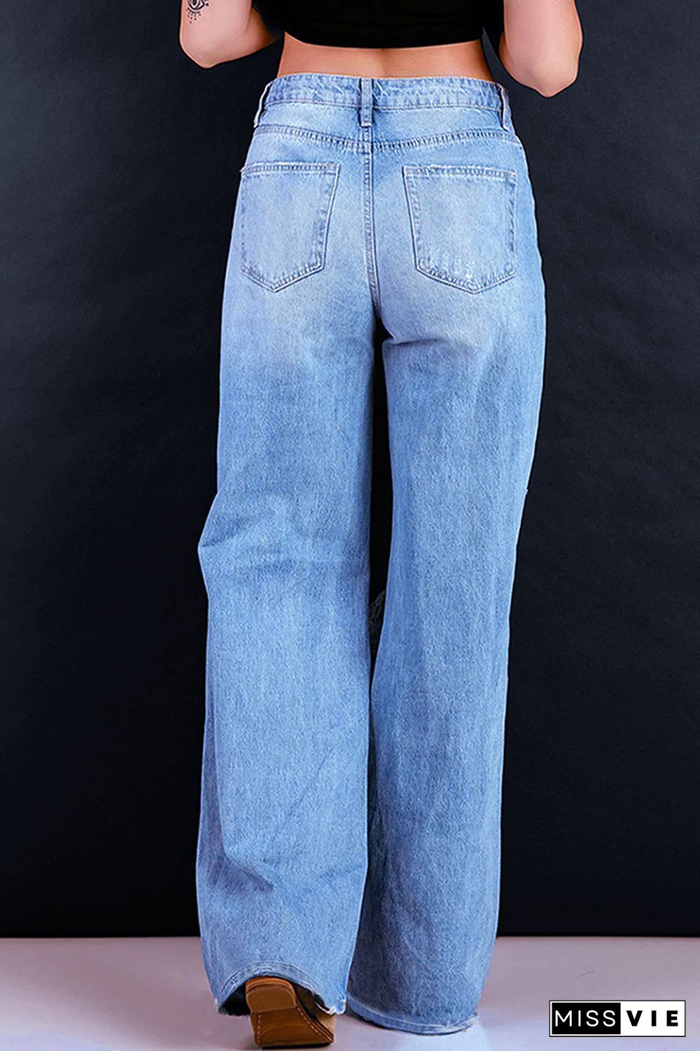 Blue Washed High Waist Ripped Hole Jeans Pants