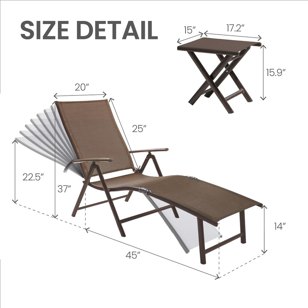 VredHom Outdoor Portable Folding Chaise Lounge Chair with Table (Set of 3)   70\