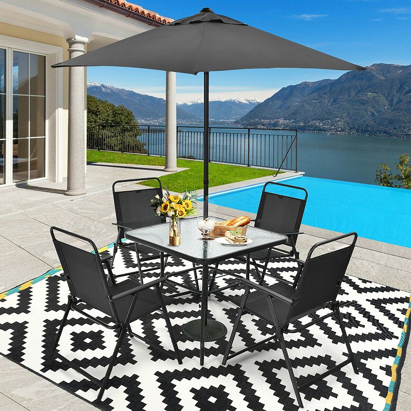 6 Pieces Patio Dining Set with Umbrella-Gray