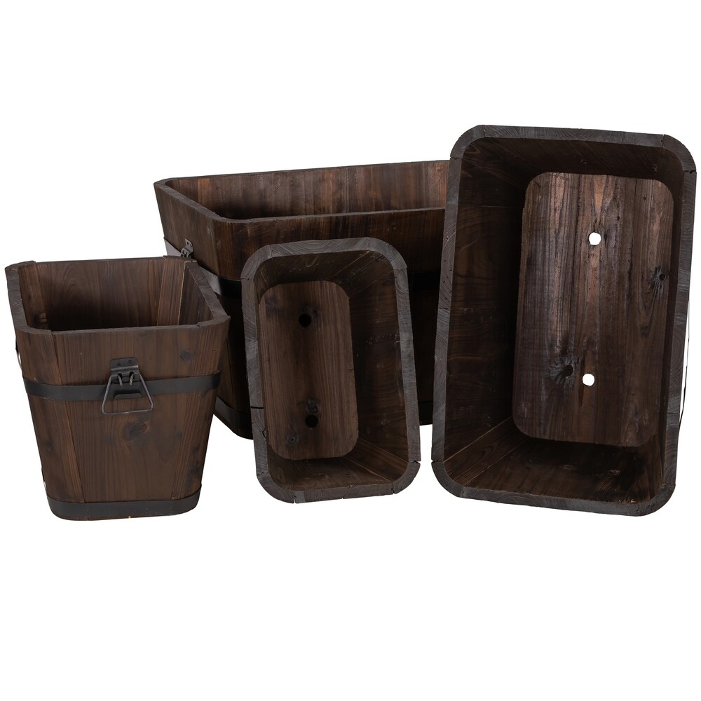 Set of 4 Barrel Style Rectangular Wooden Planters