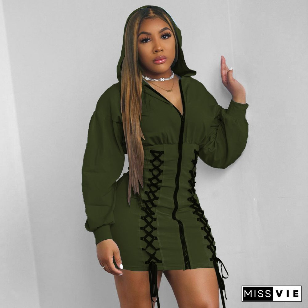 Solid Hooded Bandage Zipper Sweatshirt Dress