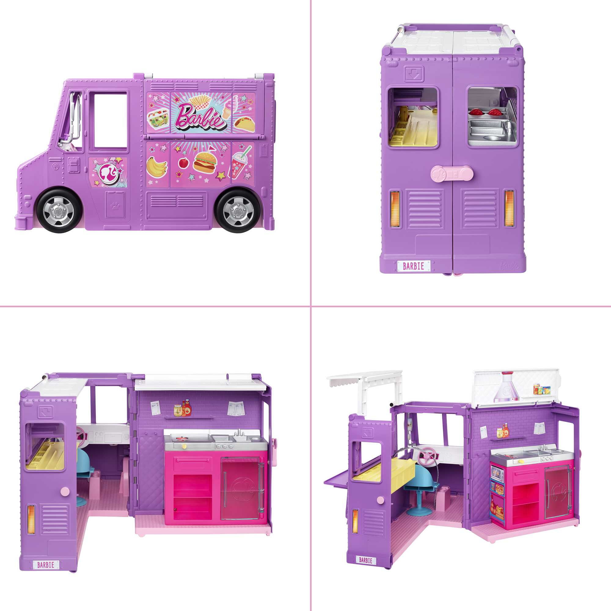 Barbie Fresh 'n Fun Food Truck Playset with Blonde Doll and 30+ Accessories. Lift Side for Kitchen