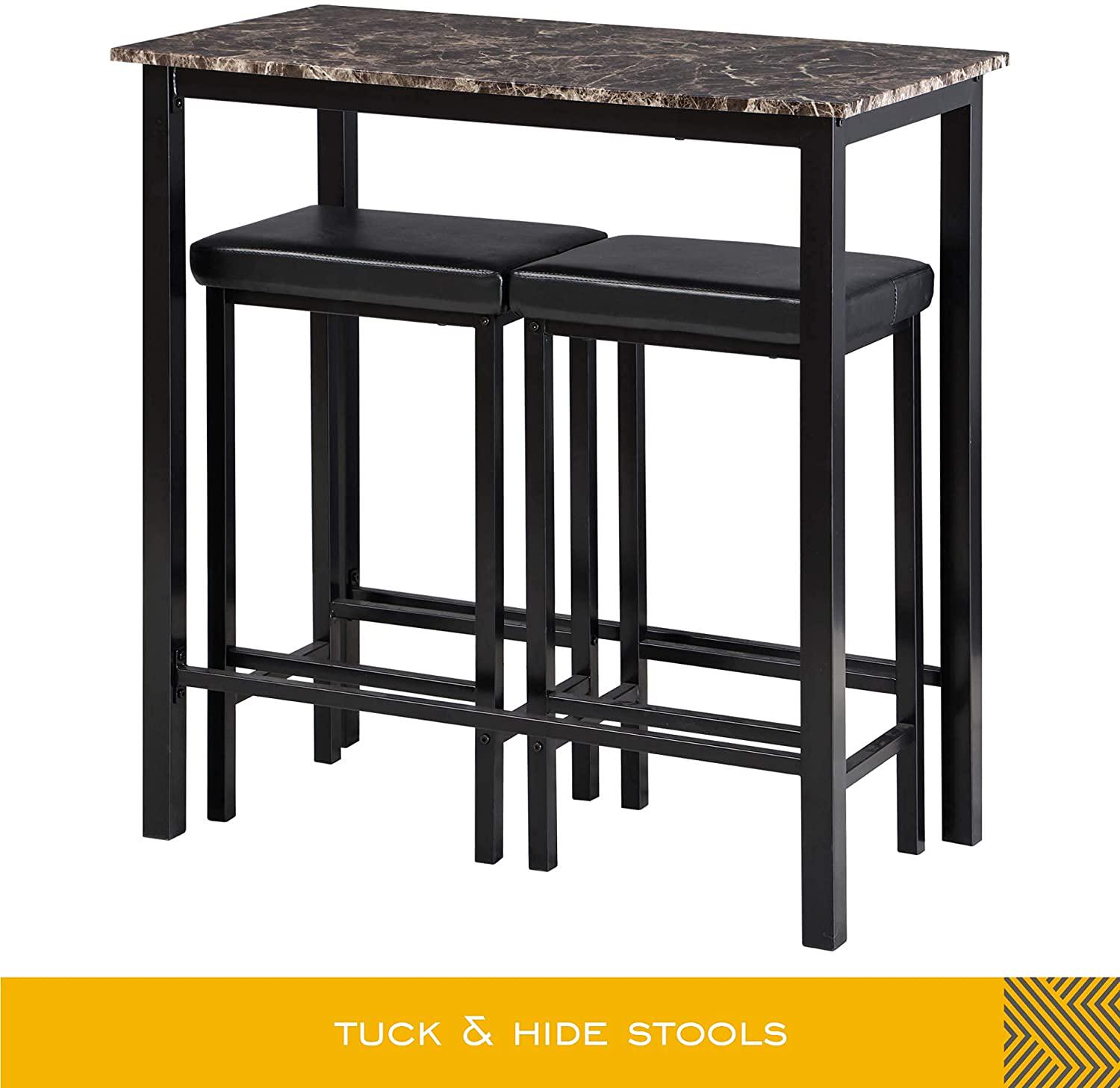 Homury 3-Piece Pub Bar Table Set for 2， Dining Table Set with 2 Faux Leather Backless Stools