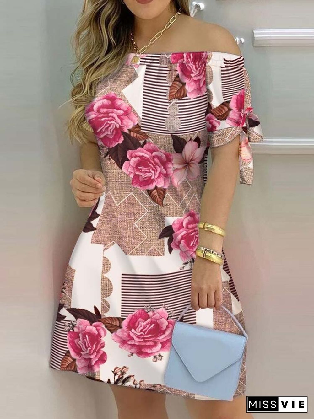 Women Off Shoulder Mini Dress Summer Sexy Short Sleeve Bow Tie Striped Floral Print Dresses Fashion Casual Loose Dress