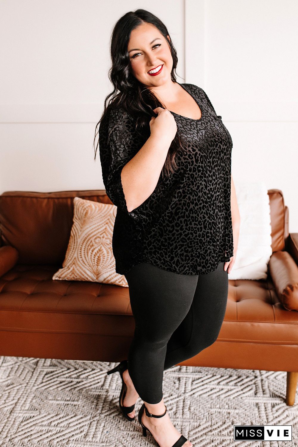 Black Plus Size Leopard Emboss V Neck Top