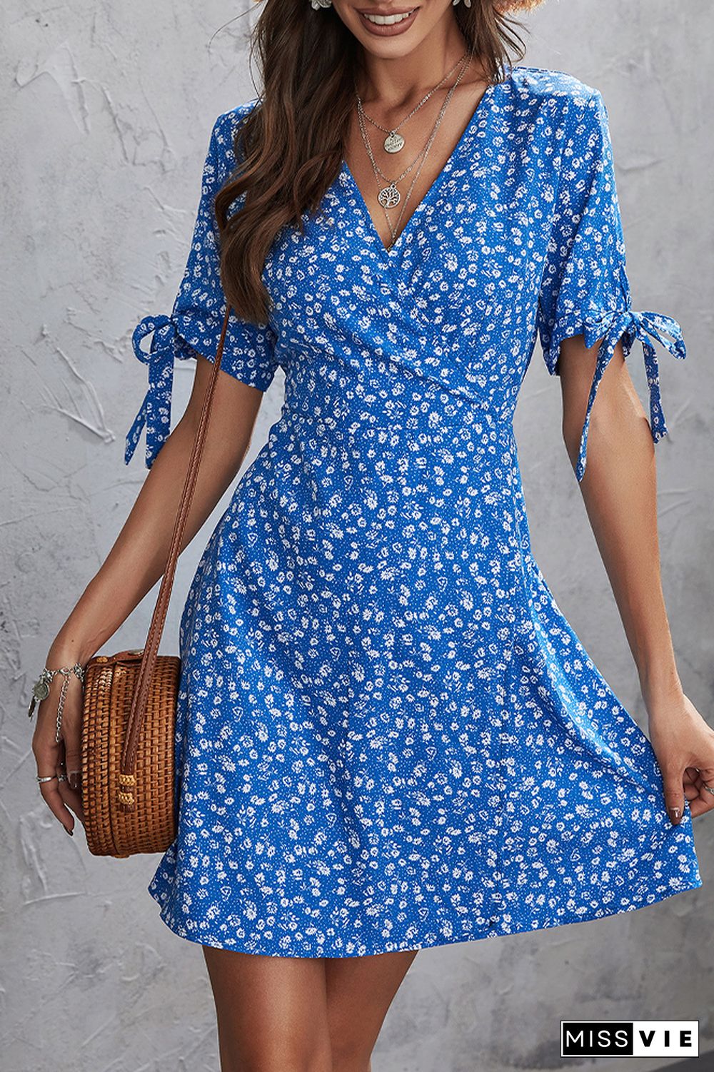 Floral Print Short Sleeve V Neck Short Dress Wholesale