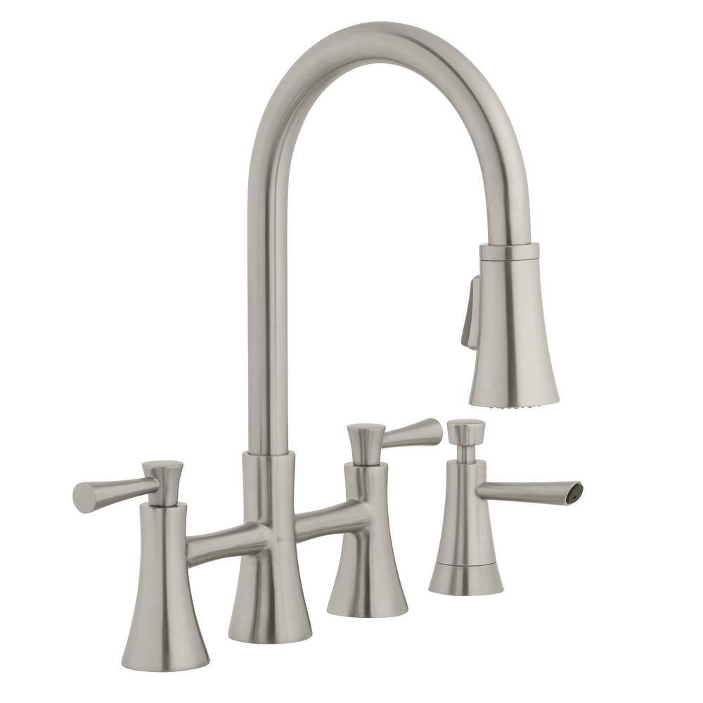 Glacier Bay Selma Double Handle Pull-Down Sprayer Bridge Kitchen Faucet with Soap Dispenser in Stainless Steel HD67065-0108D2