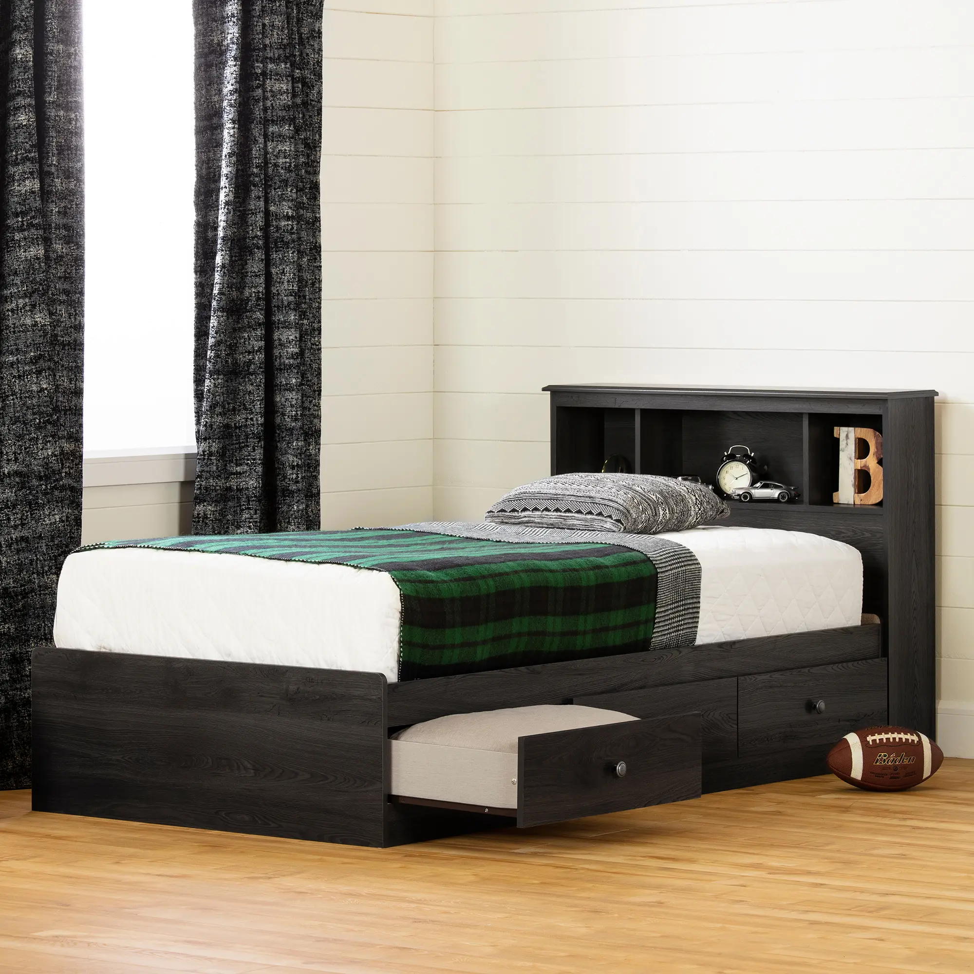 Zach Classic Dark Gray Oak Twin Bookcase Headboard - South Shore