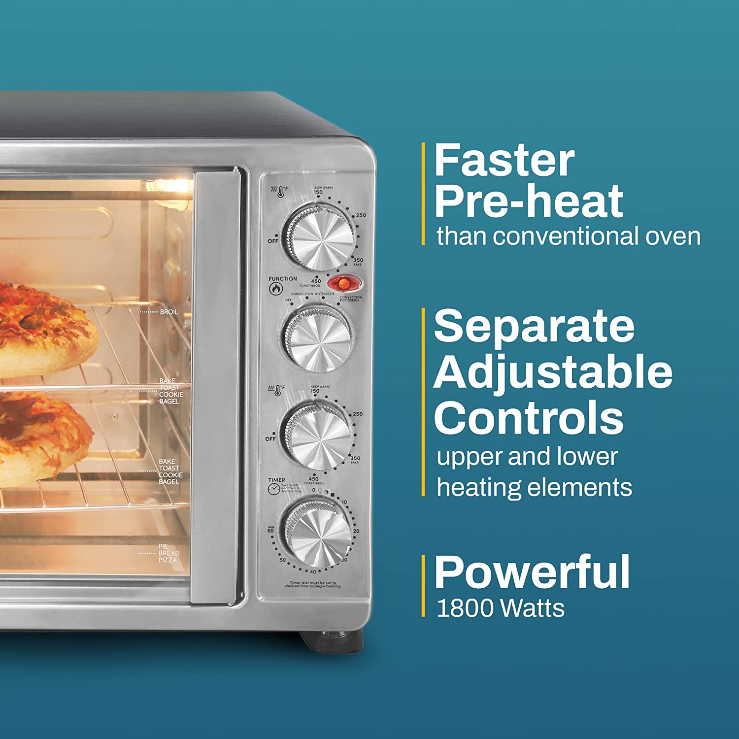 Elite Gourmet ETO4510B# French Door 47.5Qt， 18-Slice Convection Oven 4-Control Knobs， Bake Broil Toast Rotisserie Keep Warm， Includes 2 x 14 Pizza Racks， Stainless Steel