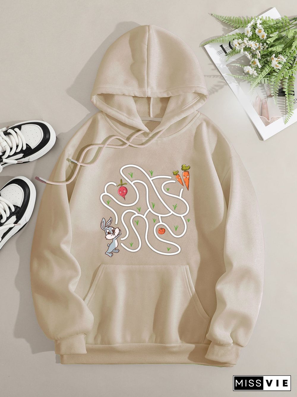 Printed on front Kangaroo Pocket Hoodie Long Sleeve for Women Pattern Rabbit