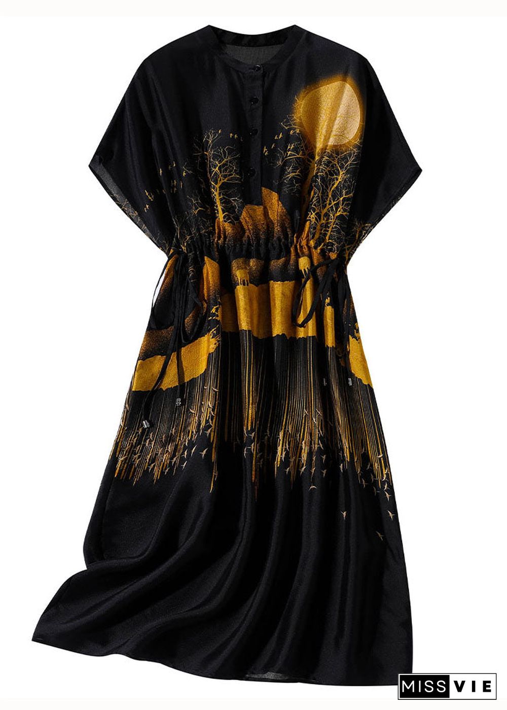 Boutique Black Stand Collar Print Drawstring Silk Dresses Summer