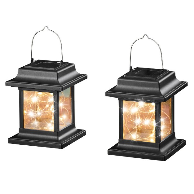 Collections Etc Solar String Light Lanterns With Hanging Hooks Set Of 2 4 25 X 4 25 X 5 25 Black