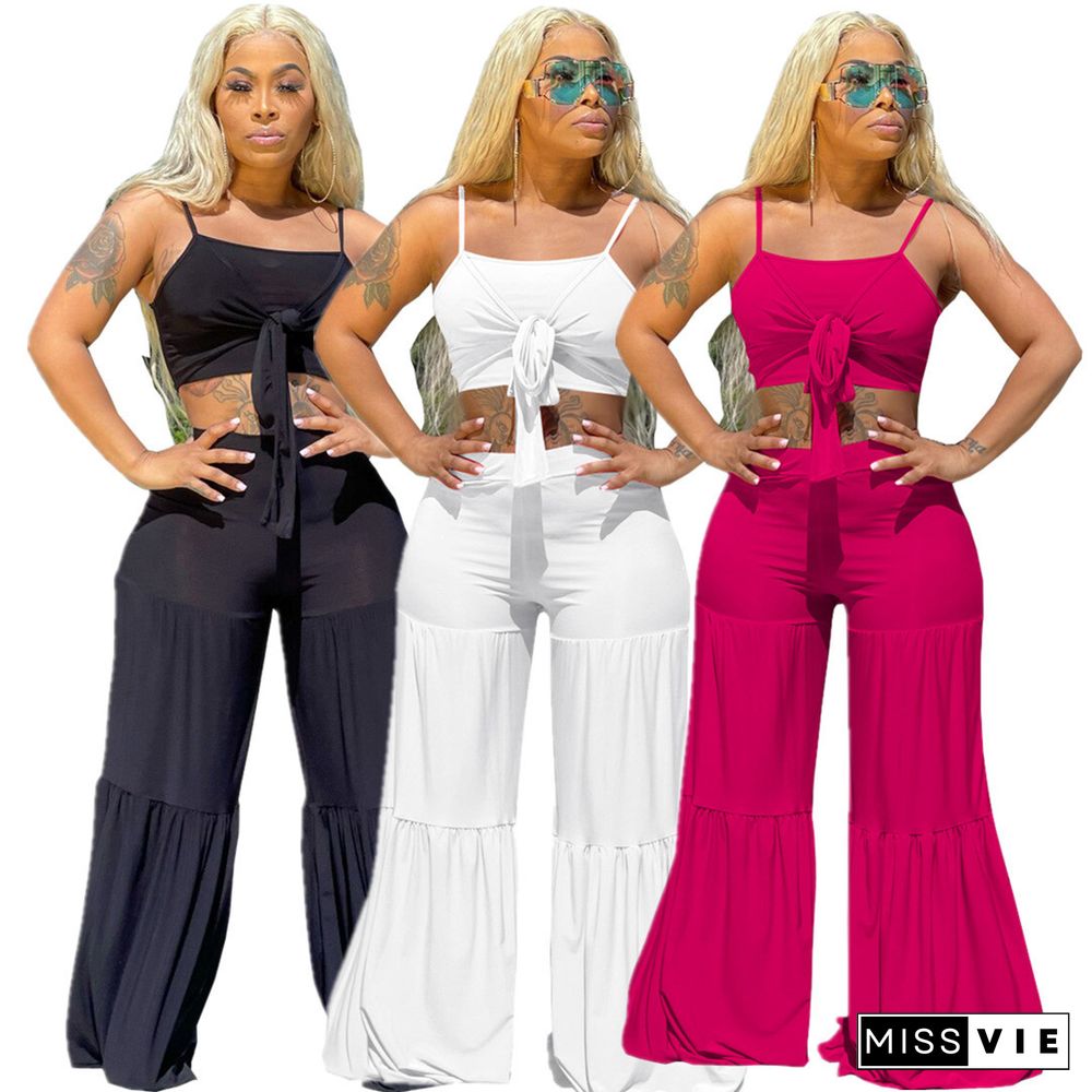 Popular Casual Fashion Summer Solid Color Wide-leg Pants Two-piece Set