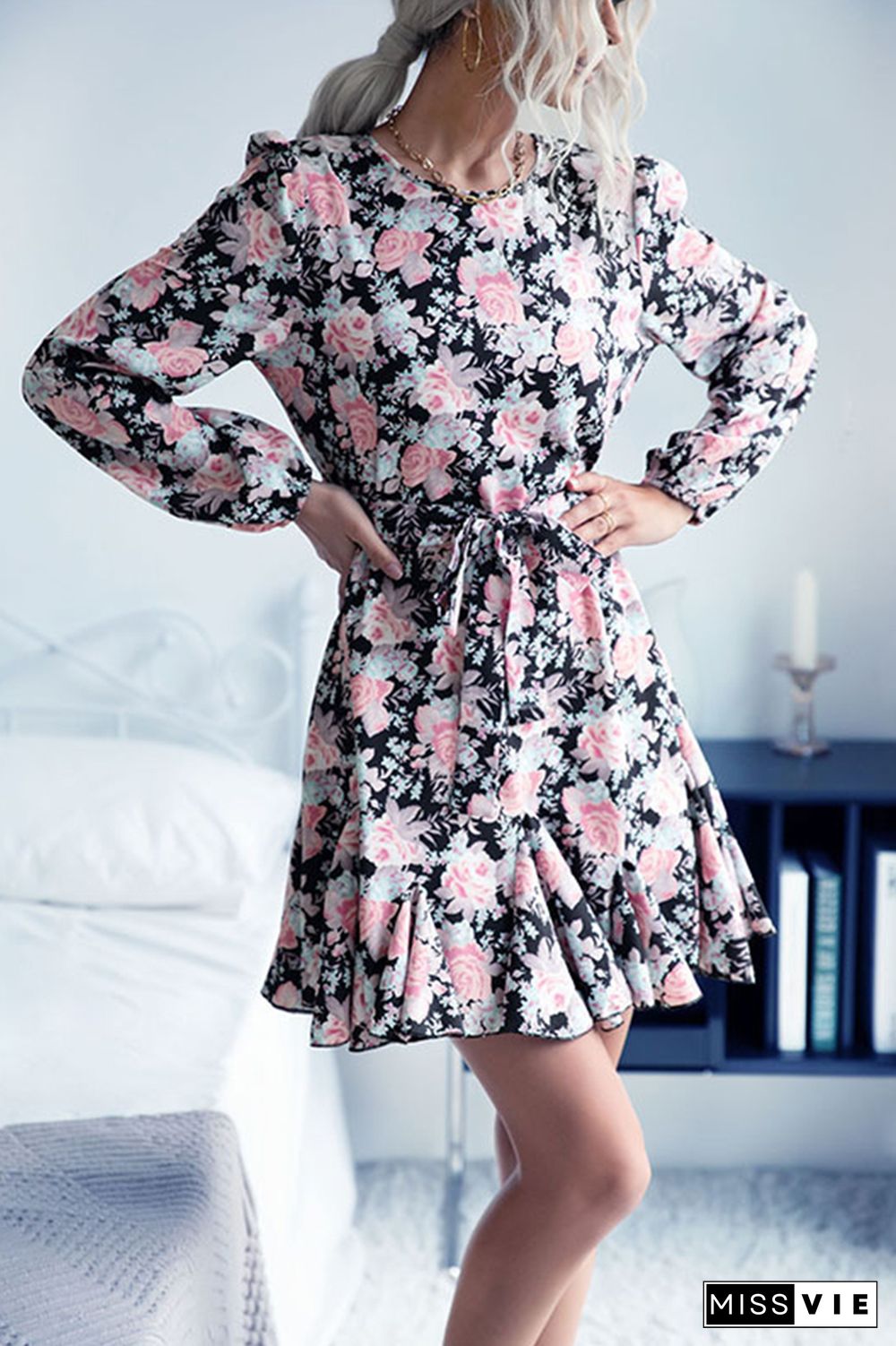 Floral Print Long Sleeve Ruffles Mini Dress Wholesale