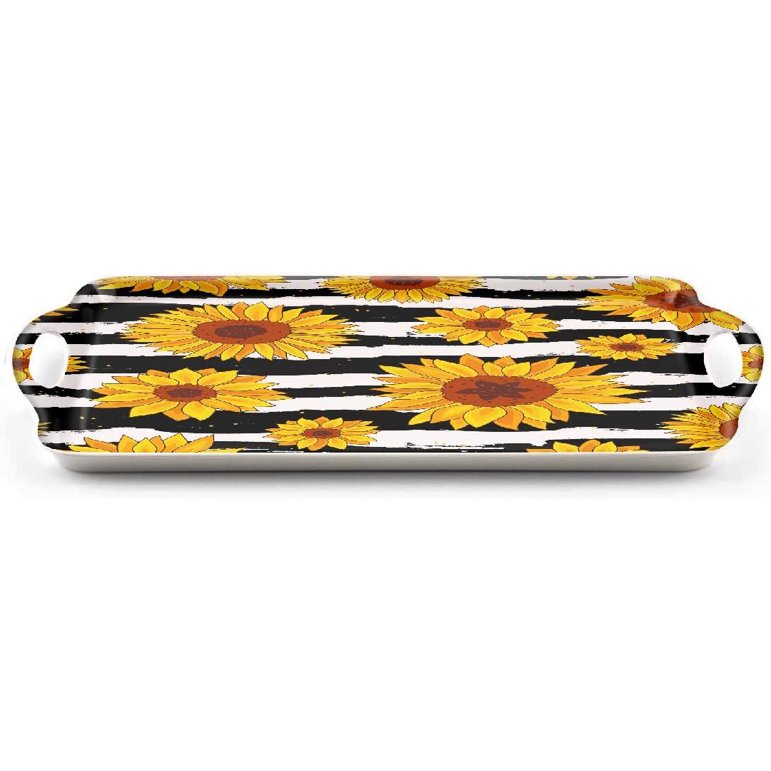 Serving Tray Decorative Tray with Handles Multi-Purpose Rectangular Serving Trays for Restaurant, Parties, Coffee Table, Kitchen - Sunflower Black and White Stripes