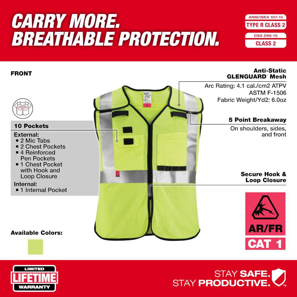 Milwaukee High Vis Safety Vest Class 2 Breakaway AR/FR Cat 1 48-73-5211M910 from Milwaukee