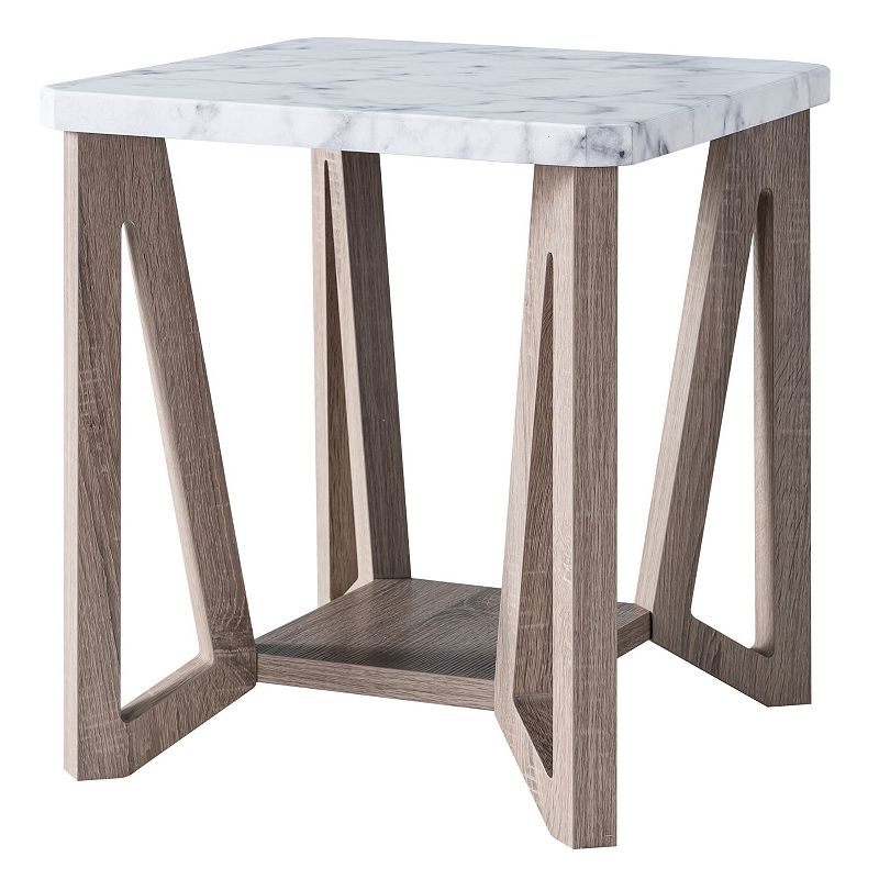 FC Design Faux Marble White and Dark Taupe End Table with Bottom Shelf