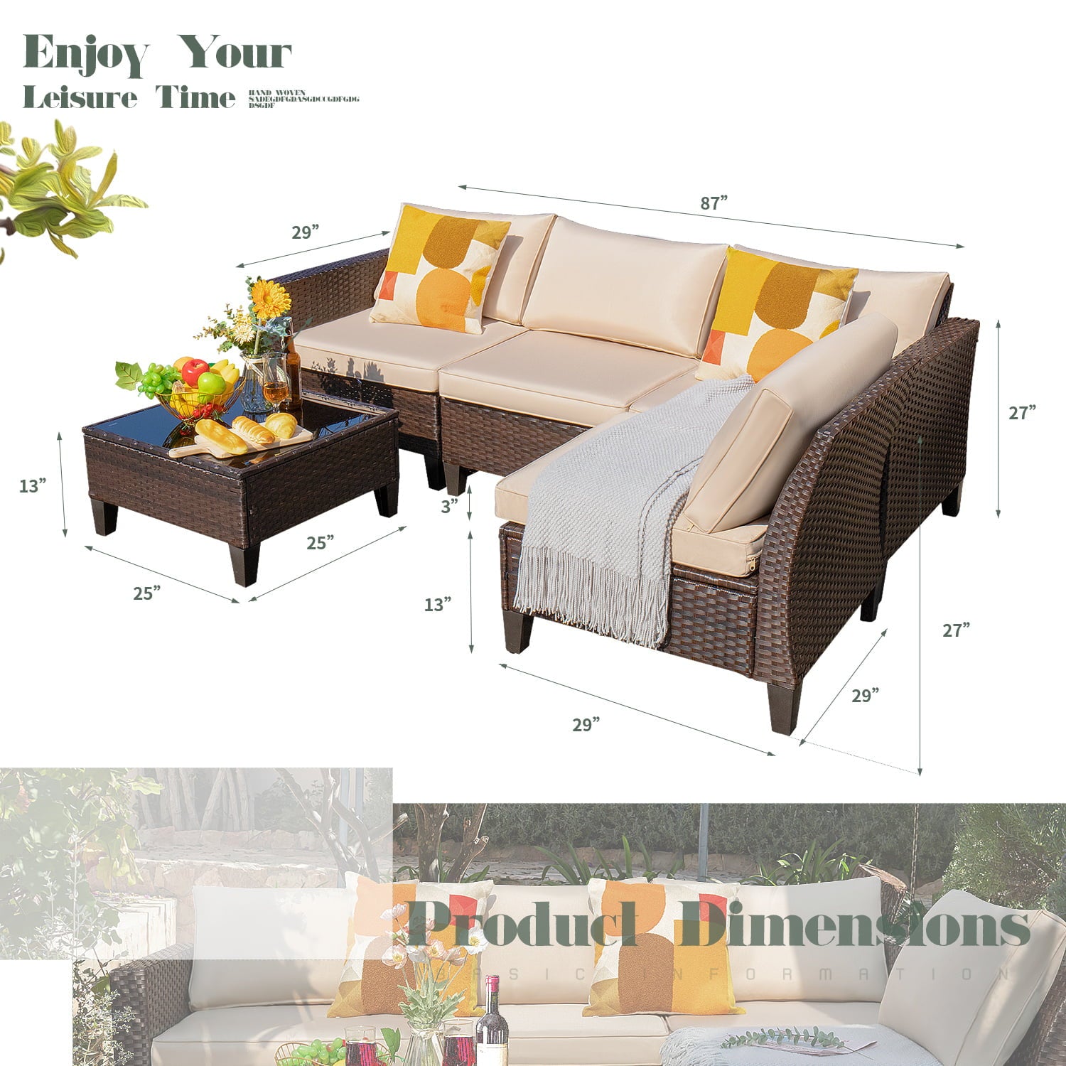 Lacoo 5 Pieces Outdoor Patio Furniture Sofa Set Wicker Rattan Sectional Sofa Sets with Coffee Table, Beige