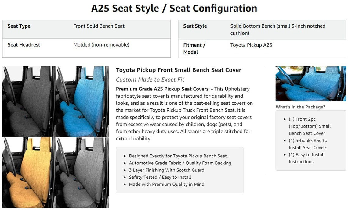 RealSeatCovers 3 Layer Gray Seat Cover for 1985-1995 Toyota Pickup Front Bench Thick A25 Small Notched Cushion