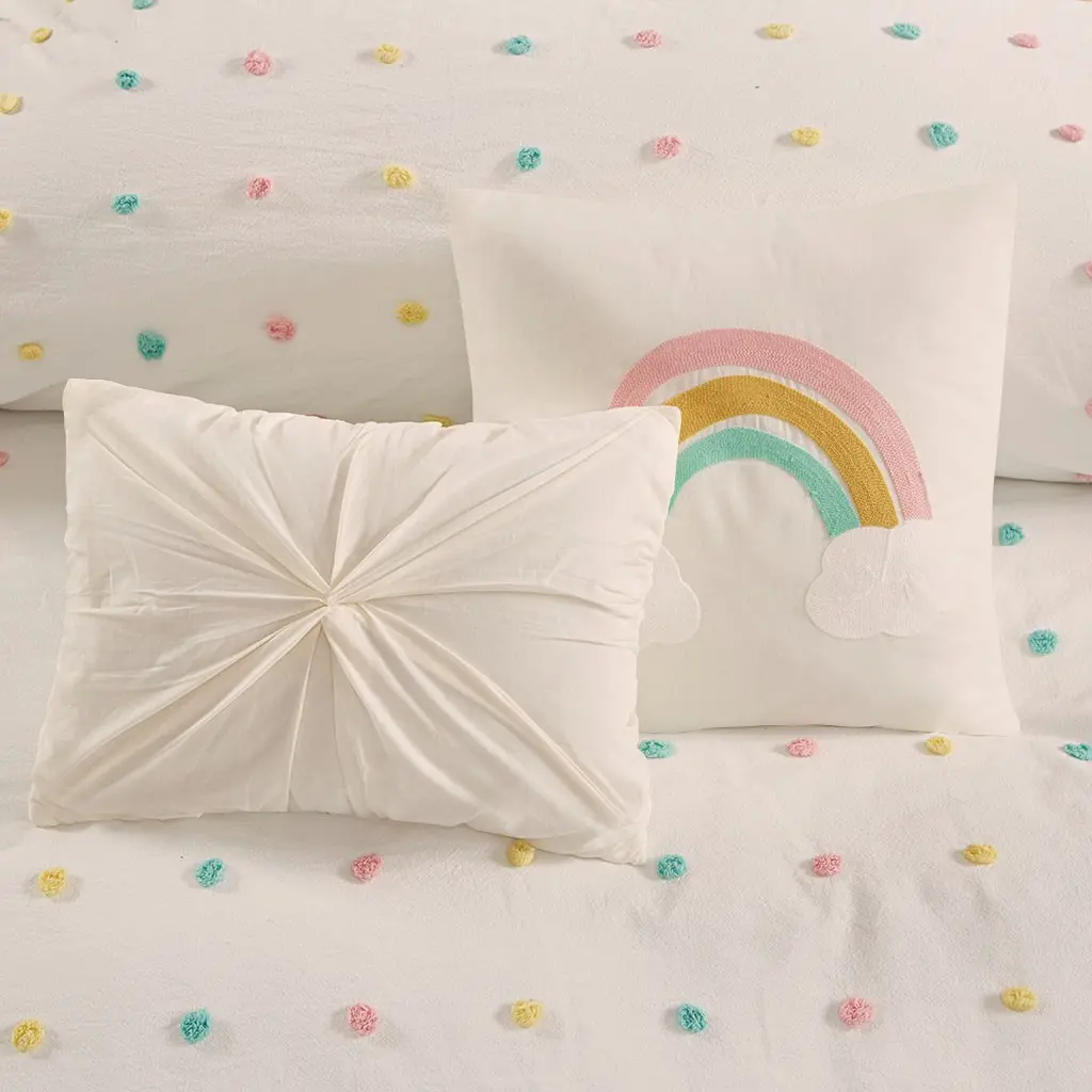 White and Multi Color Pom-Pom Full Callie 5 Piece Bedding Collection