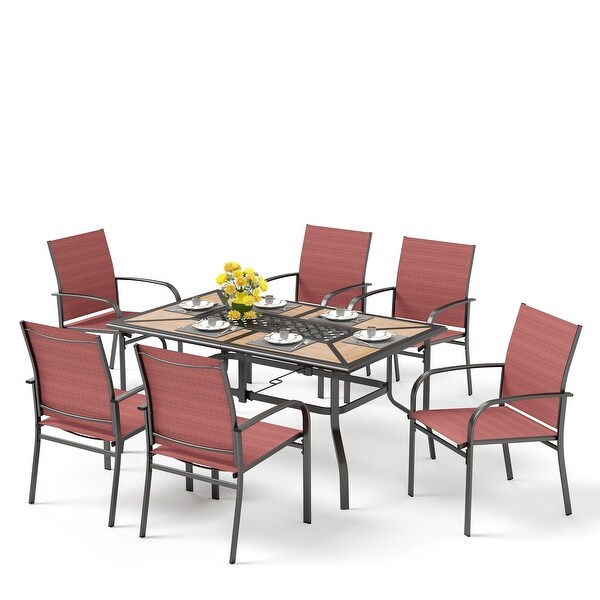 MAISON ARTS Patio Dining Set 7Piece Metal Woodlook Geometric Rectangle Table and 6 Textilene Chairs