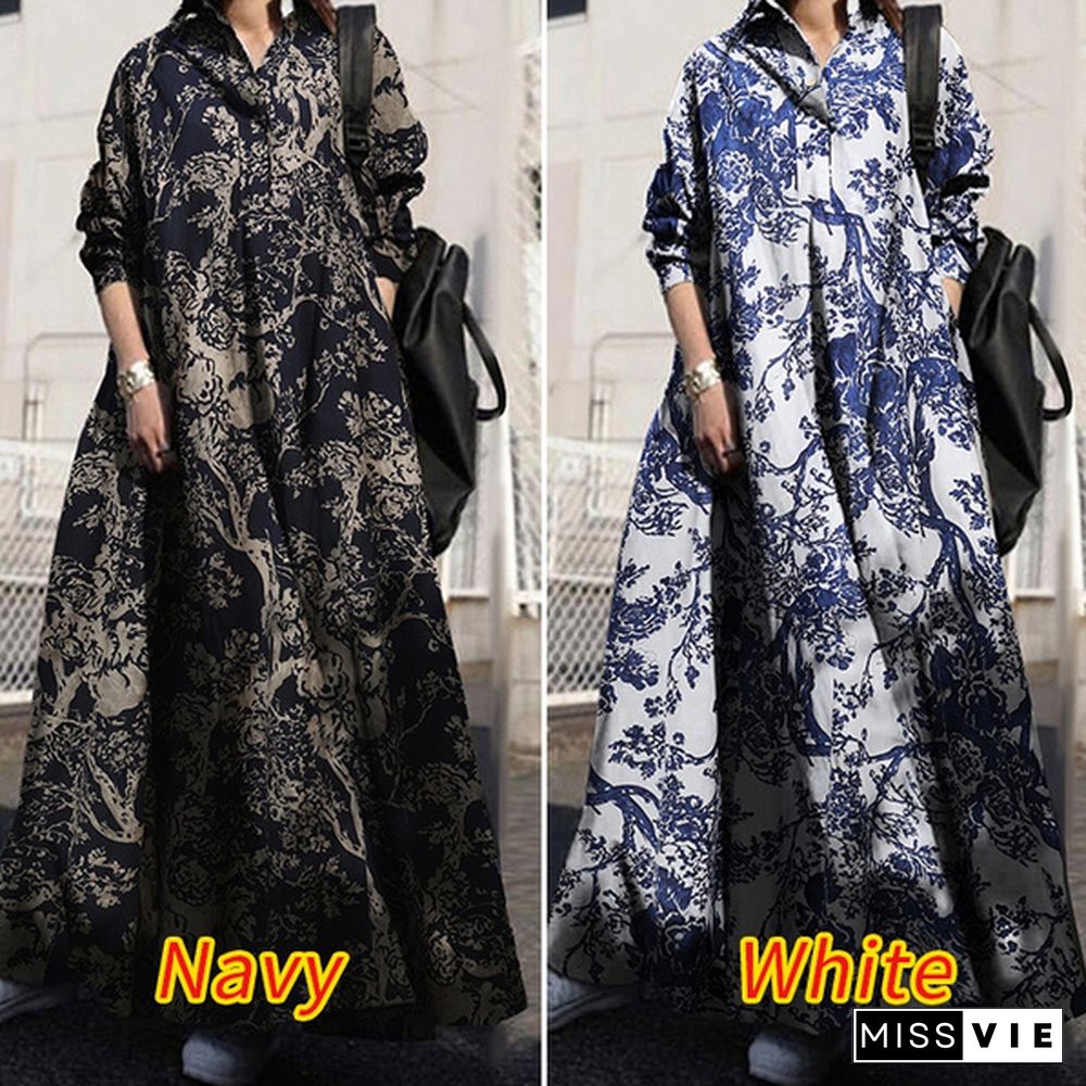 Zanzea Women Long Sleeve Shirt Dress Vintage Floral Printed Maxi Dresses