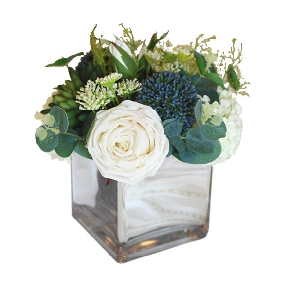 FloralGoods White Blue in Green Flower Arrangement in Glass Vase 9 Tall