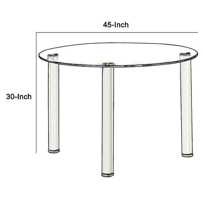 Contemporary Dining Table with Glass Top and Tubular Legs， Silver and Clear