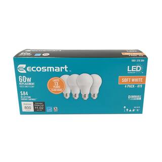 EcoSmart 60W Equivalent A19 Dimmable Energy Star LED Light Bulb Soft White (4-Pack) A7A19A60WESD01