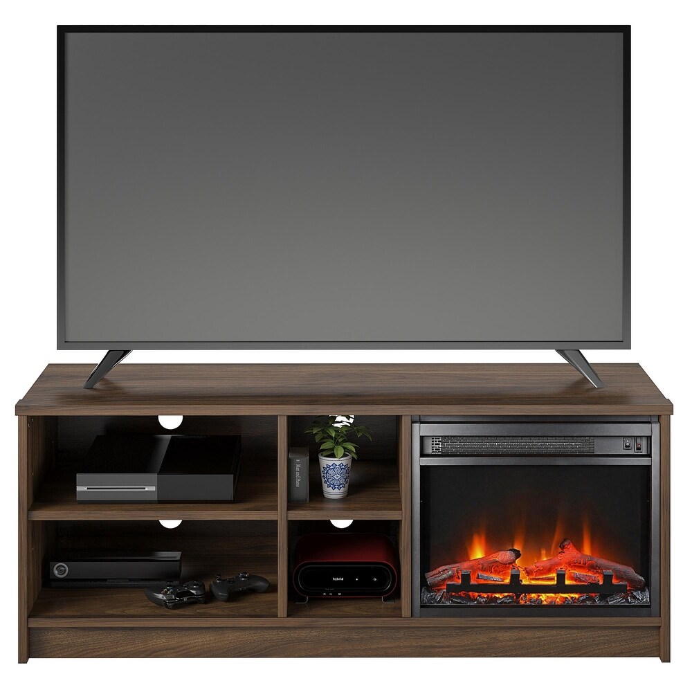 Ameriwood Home Nanton Asymmetrical 55 inch TV Stand with Electric Fireplace Insert and 4 Shelves