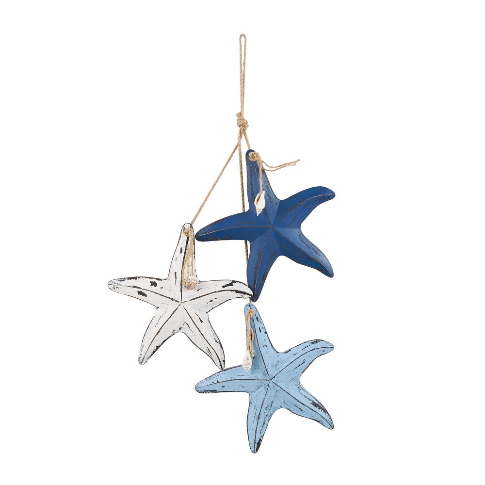 Blue Wooden Distressed Layered Starfish Wall Decor with Hanging Rope and Decorative Shell Accents