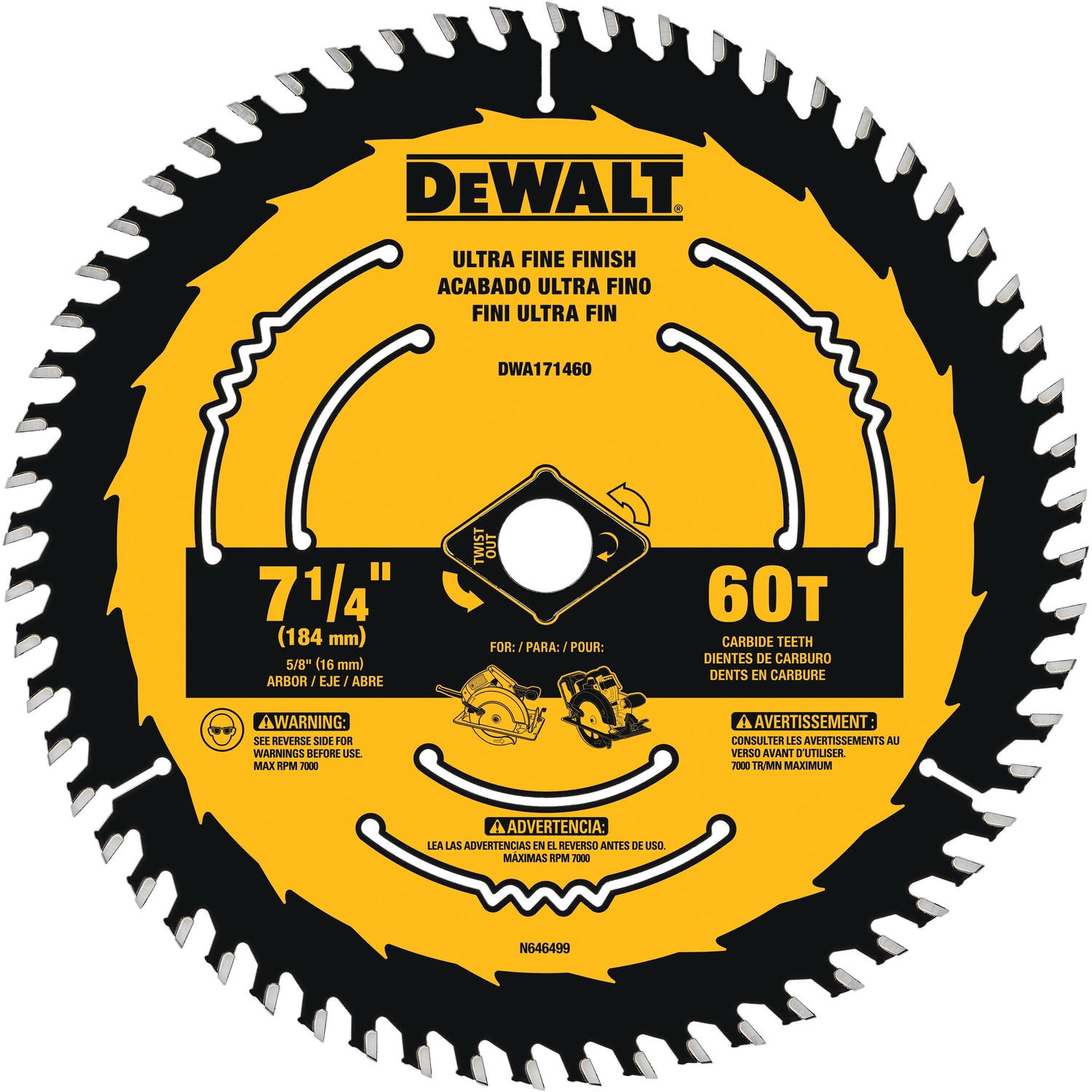 DW 7-1/4 in. D X 5/8 in. Tungsten Carbide Circular Saw Blade 60 teeth 1 pk