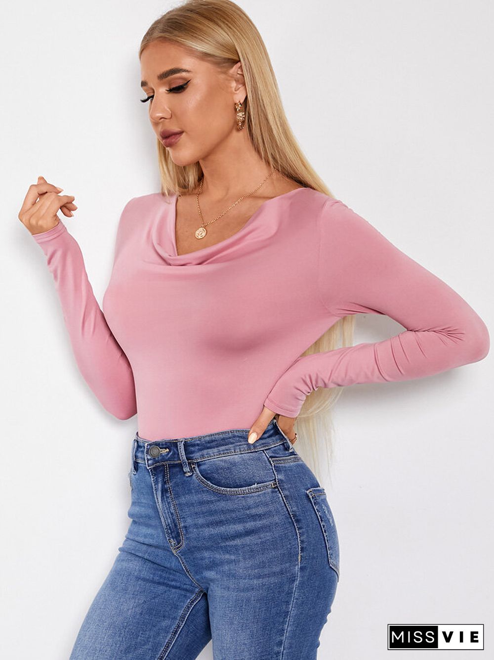 Solid Cowl Neck Long Sleeve Skinny High Elastic T-shirt For Women