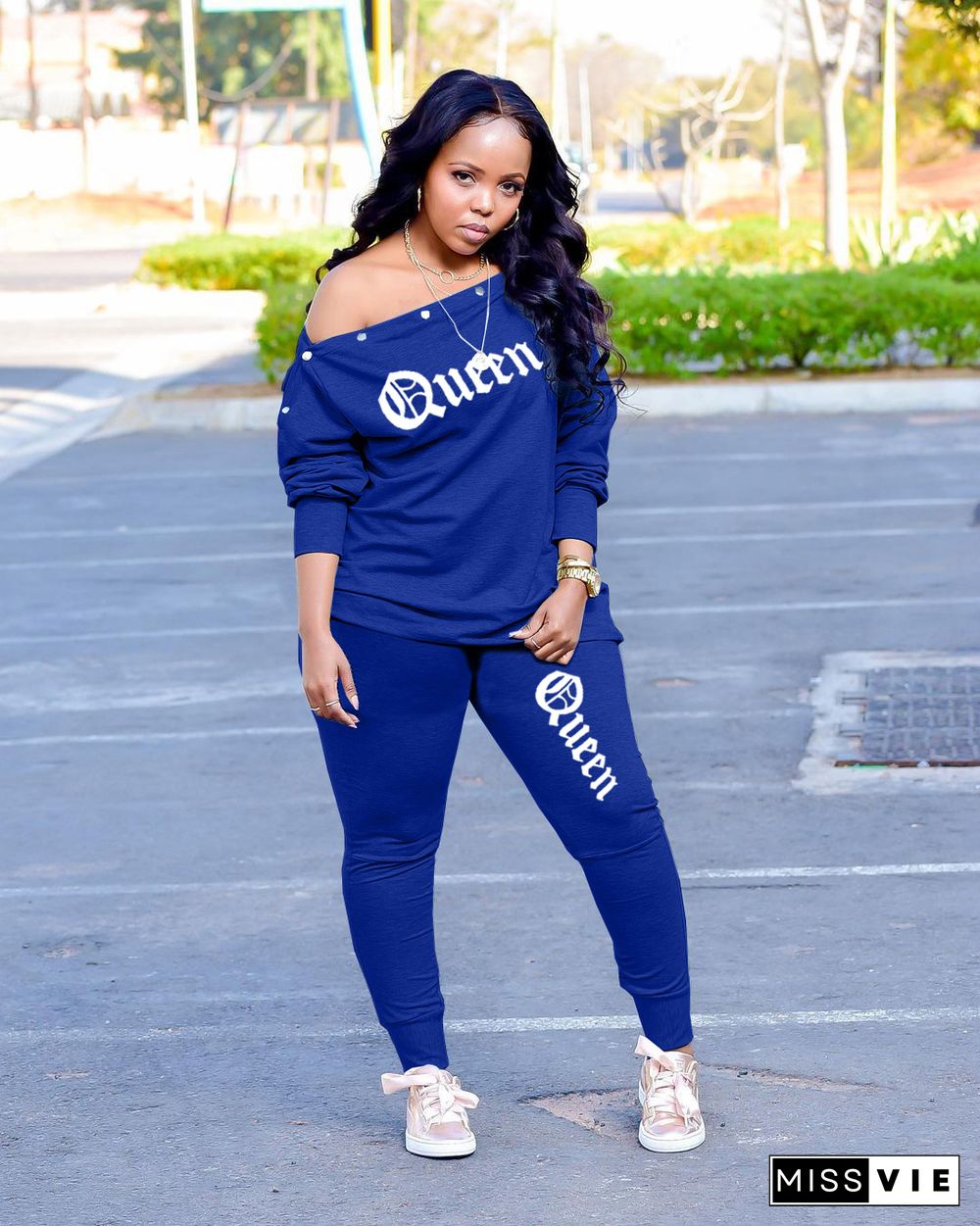 Letter Off Shoulder T-shirt Jogger Pants Tracksuit