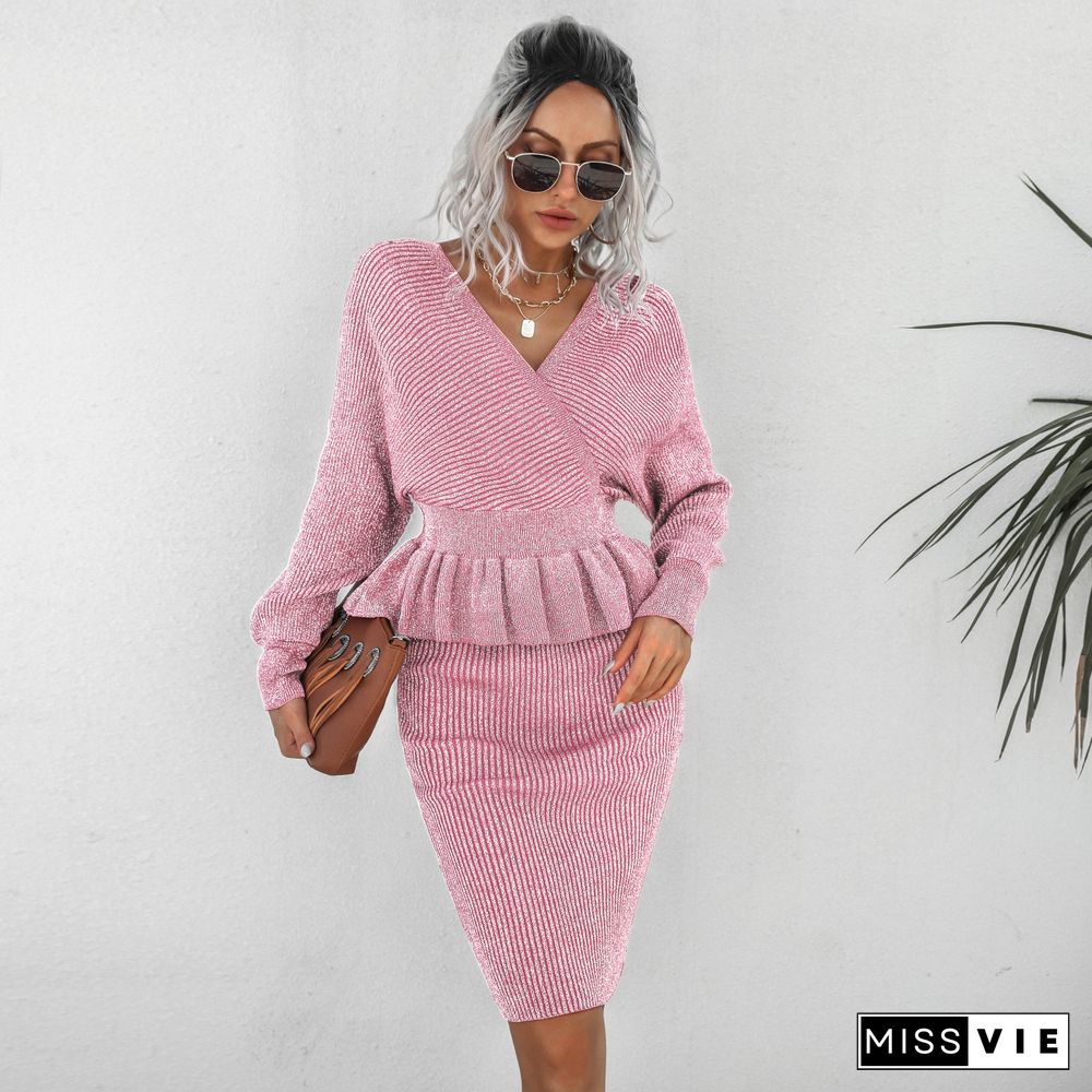 Elegant Black Skirt Sets Women's Autumn And Winter New Fashion Casual V Neck Ruffled Knitted Sweater Skirt Two-piece Suit