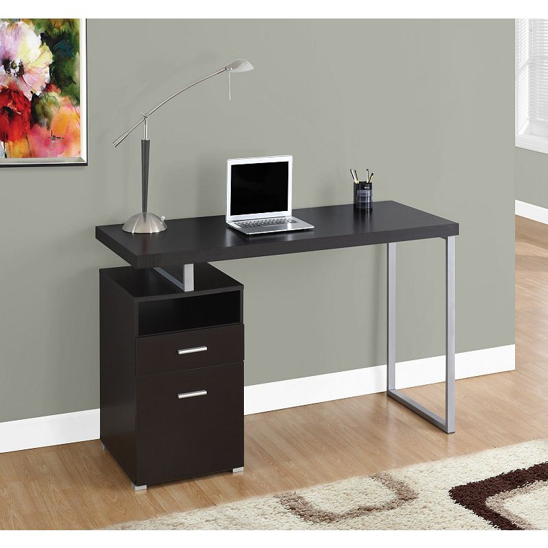 60 Cappuccino Brown and Silver Contemporary Rectangular Computer Desk with Drawers