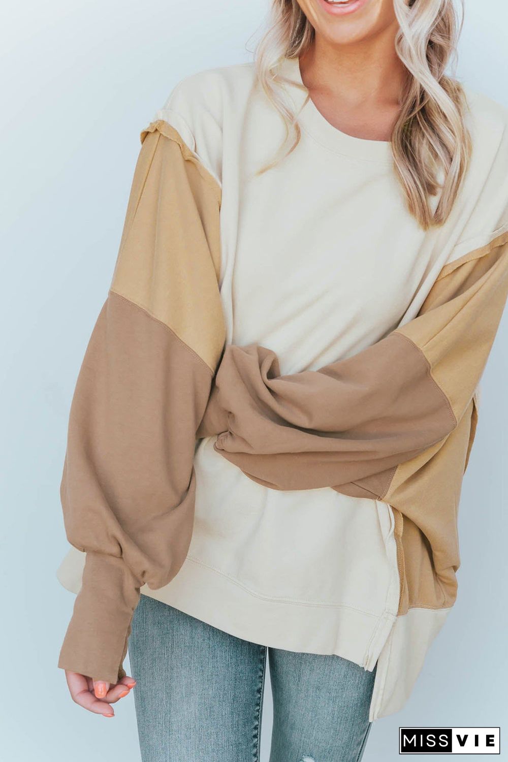 Khaki Color Block Sleeve Patchwork Oversized Sweatshirt