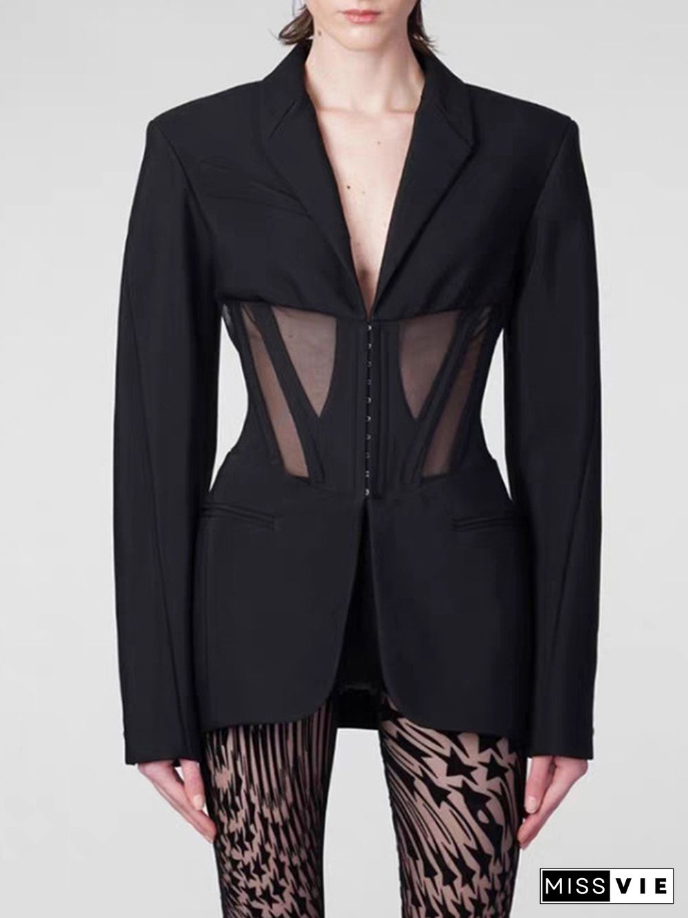 Long Sleeves Buckle Gauze See-Through Solid Color Split-Joint Notched Collar Blazer