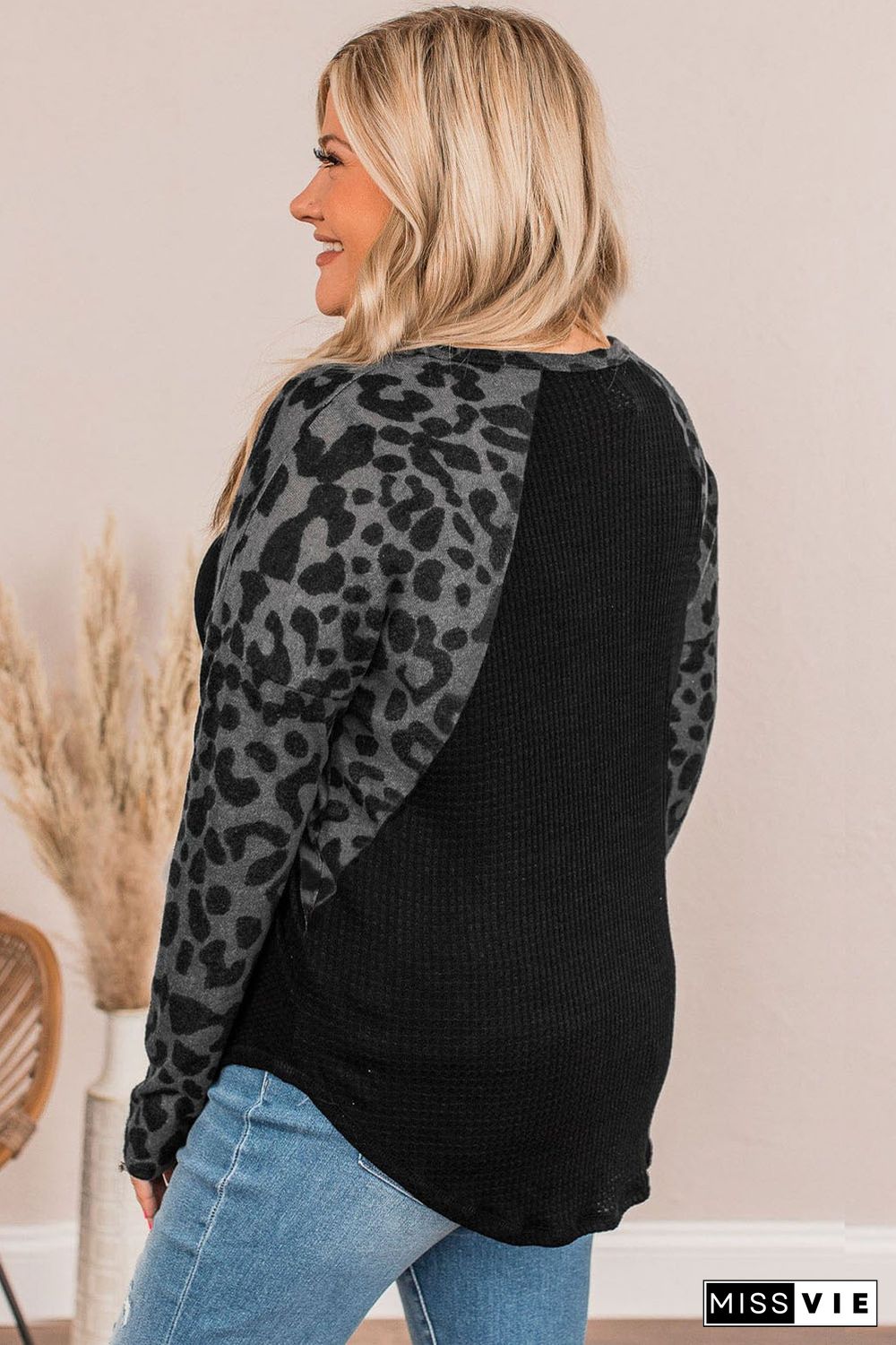 Leopard Raglan Sleeve Waffle Knit Plus Size Top